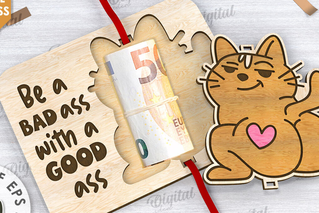 Intra απο ξύλο plywood  Χρώμα wenge 3mm-4mm πάχος - Cute Cat Money Holder LaserCut Design Δίασταση 30x20 cm INTRAFABR-110520003