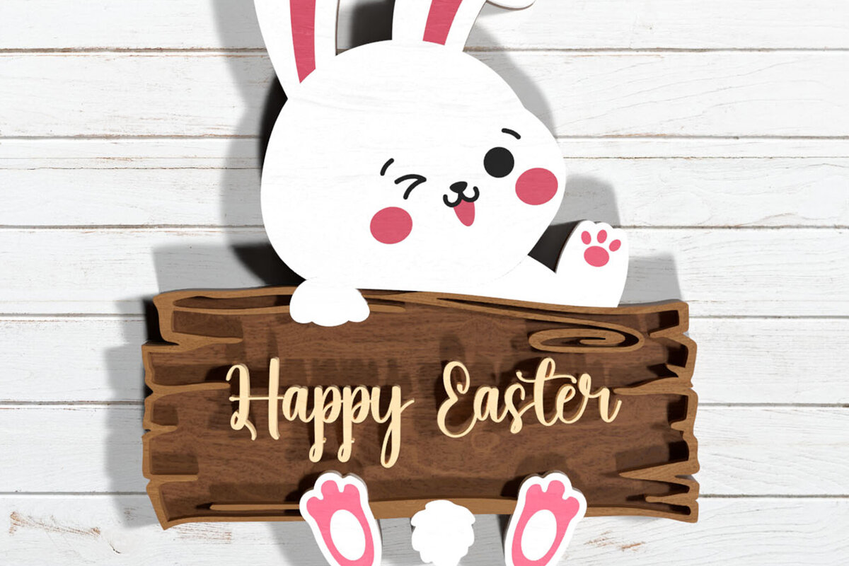 Σετ των 2 Intra απο ξύλο plywood  Χρώμα wenge 3mm-4mm πάχος - Χαριτωμένο Πασχαλινό λαγουδάκι , Happy Sign Wood Δίασταση 4x4 cm INTRAFABR-116384336