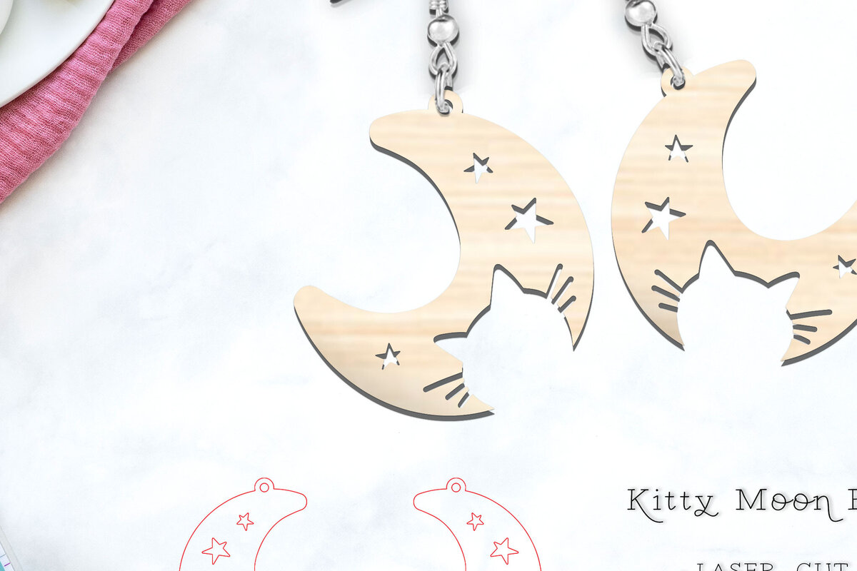 Intra απο ξύλο plywood  Χρώμα wenge 3mm-4mm πάχος - Cute Moon Cat Earrings | Δίασταση 900x900 cm INTRAFABR-114017085