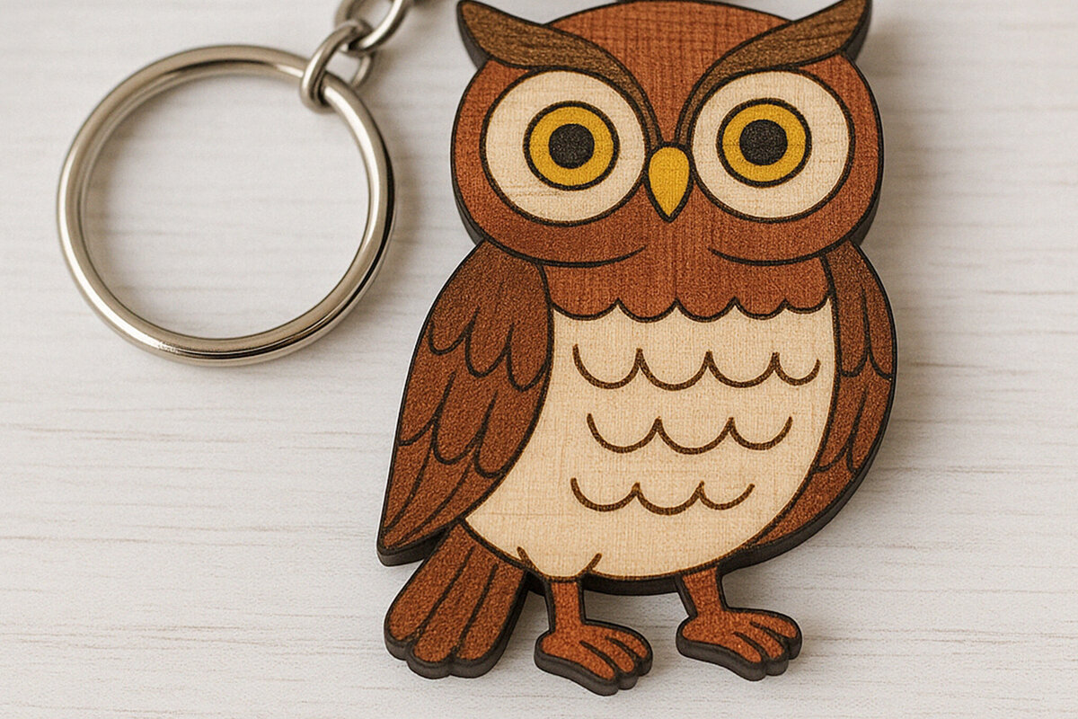 Σετ των 2 Intra απο ξύλο plywood  Χρώμα wenge 3mm-4mm πάχος - Χαριτωμένο Ξύλινο Μπρελόκ κουκουβάγιας Δίασταση 4x4 cm INTRAFABR-77677188