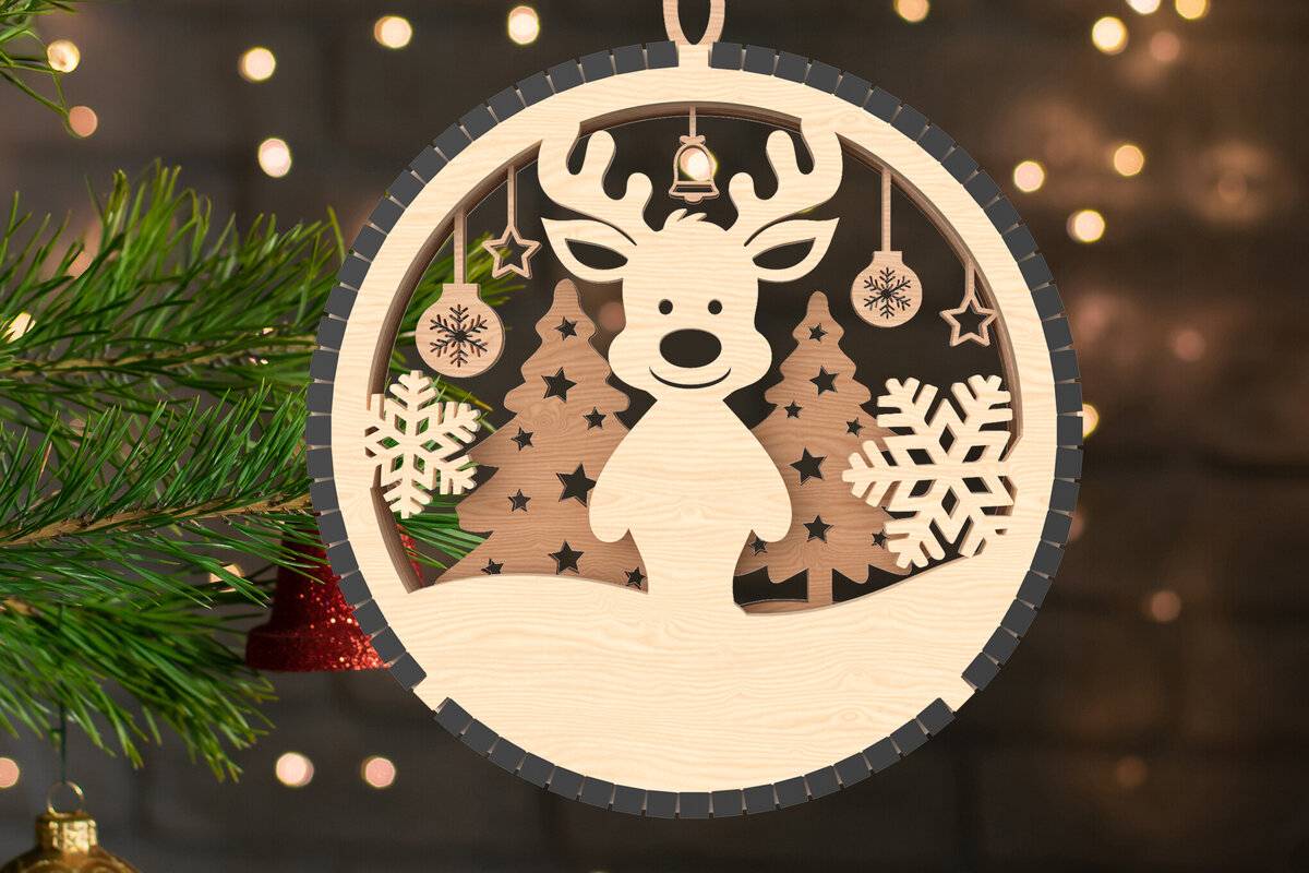 Σετ των 2 Intra απο ξύλο plywood  Χρώμα wenge 3mm-4mm πάχος - Χαριτωμένο χριστουγεννιάτικο στολίδι από τάρανδο Δίασταση 6x6 cm INTRAFABR-111447422