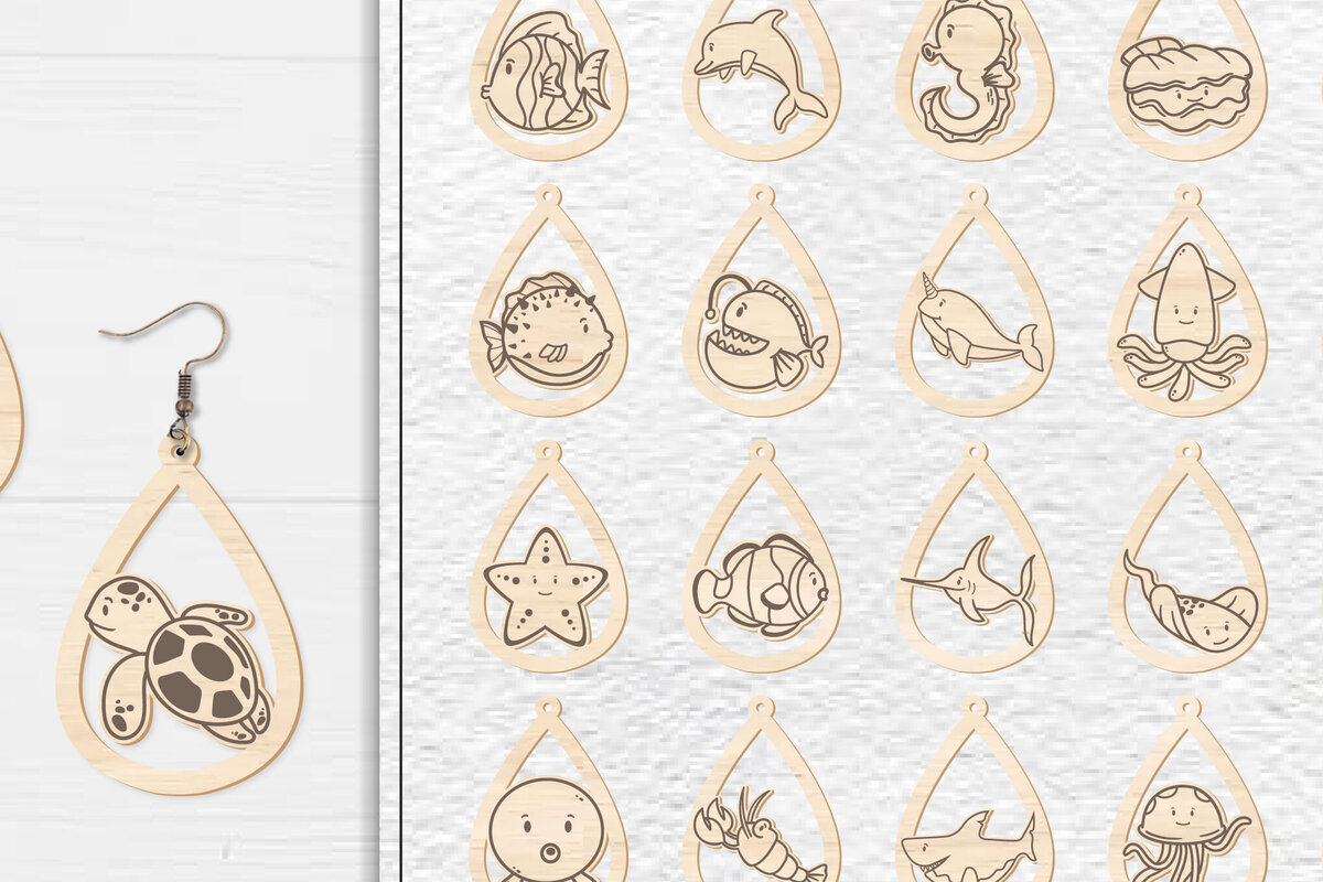 Σετ των 3 Intra απο ξύλο plywood  Χρώμα wenge 3mm-4mm πάχος - Πακέτο με χαριτωμένα σκουλαρίκια με θαλάσσια ζώα Δίασταση 3x3 cm INTRAFABR-119764016