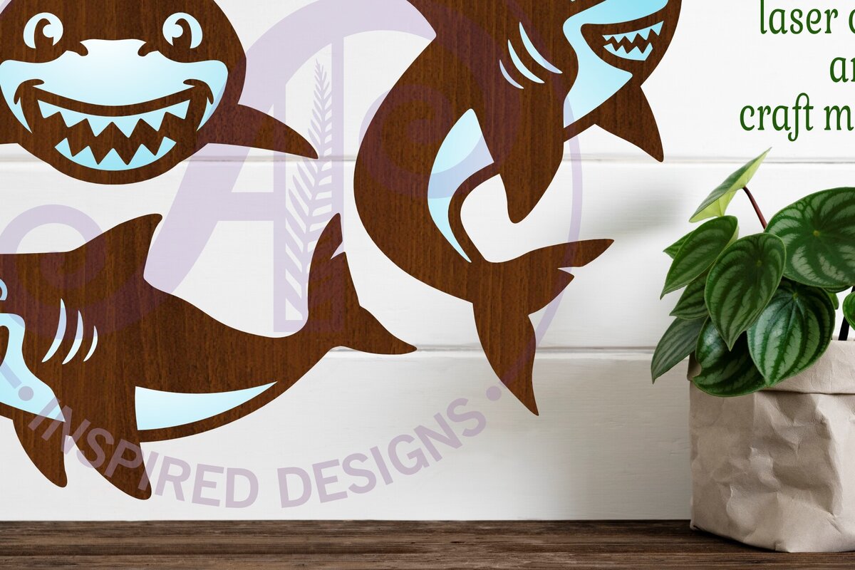 Intra απο ξύλο plywood  Χρώμα wenge 3mm-4mm πάχος - Cute Sharks Two Laser Laser Κόψτε το Δίασταση 30x20 cm INTRAFABR-69673752