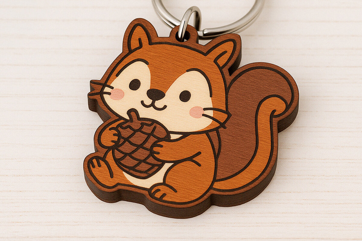 Σετ των 2 Intra απο ξύλο plywood  Χρώμα wenge 3mm-4mm πάχος - Μπρελόκ με χαριτωμένο σκίουρο με βελανίδι Δίασταση 4x4 cm INTRAFABR-69674766