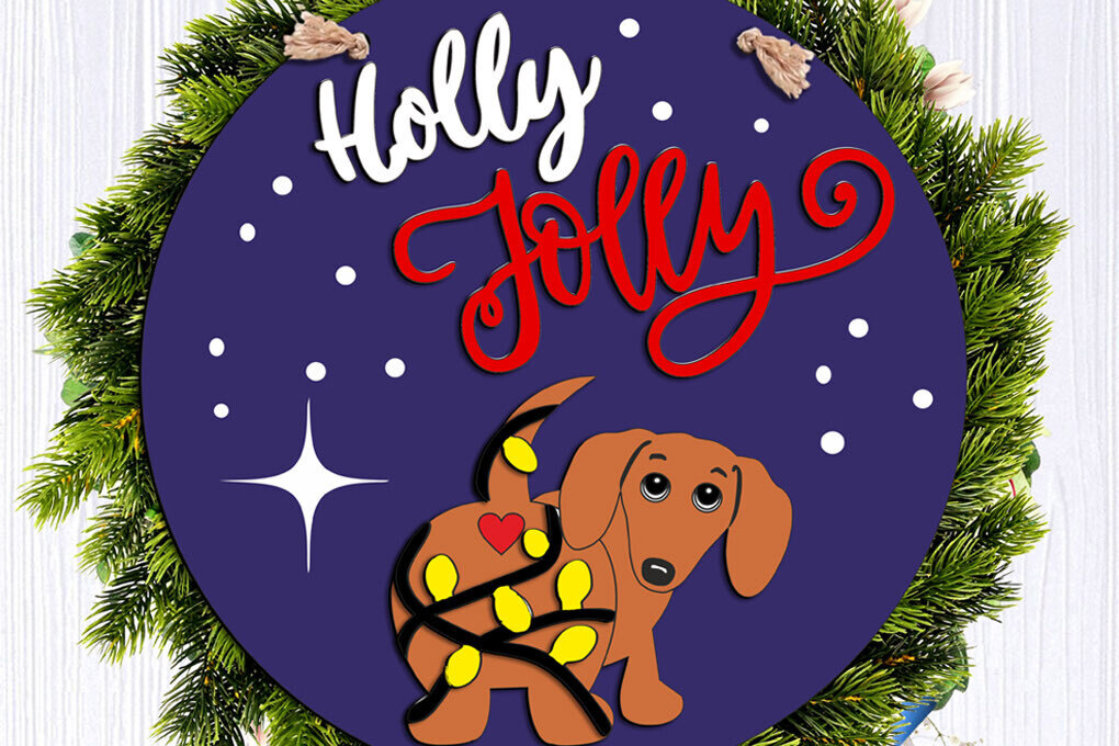 Σετ των 2 Intra απο ξύλο plywood  Χρώμα wenge 3mm-4mm πάχος - Dachshund Holly Jolly Door Hanger Δίασταση 15x15 cm INTRAFABR-109301224
