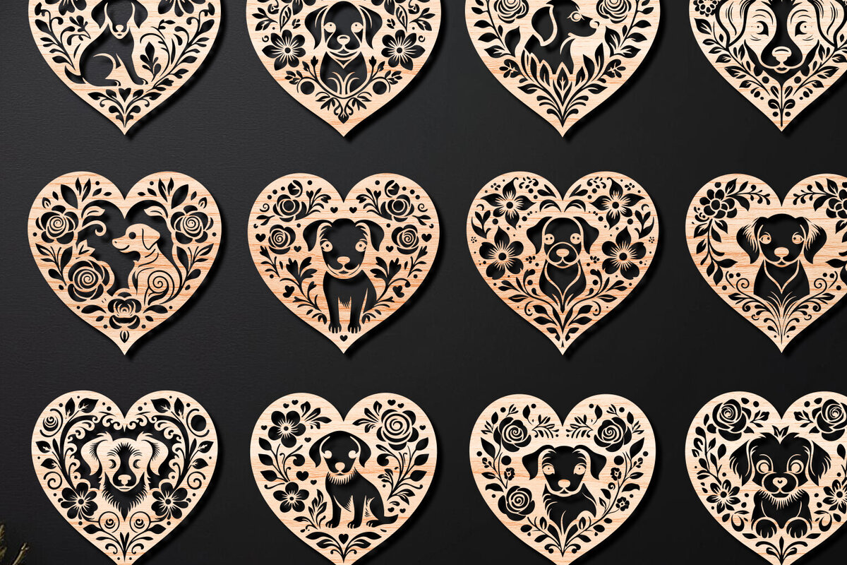Σετ των 2 Intra απο ξύλο plywood  Χρώμα wenge 3mm-4mm πάχος - Decorative Hearts Dog 01 Δίασταση 4x4 cm INTRAFABR-117731308