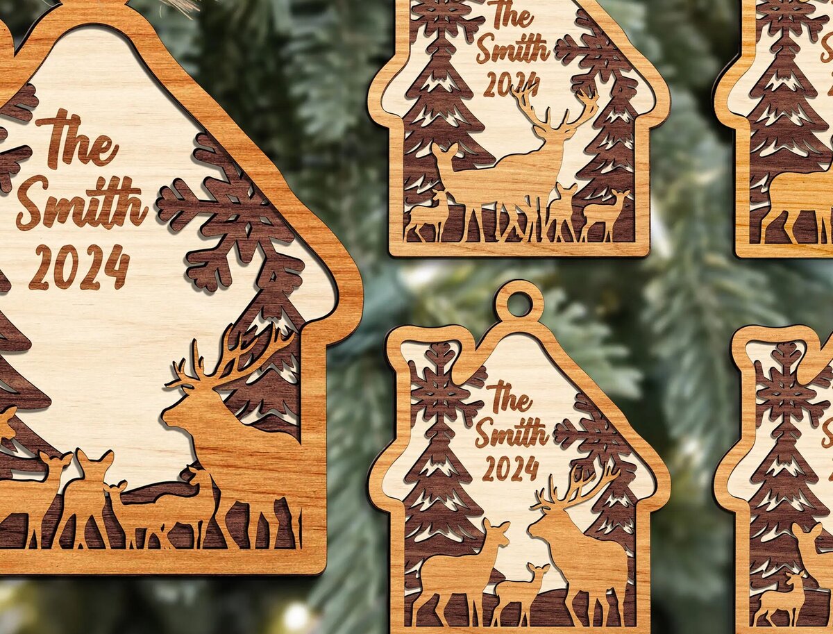 Σετ των 2 Intra απο ξύλο plywood  Χρώμα wenge 3mm-4mm πάχος - Στολίδι με στρώσεις από μέλη της οικογένειας ελαφιών Δίασταση 6x6 cm INTRAFABR-104485809