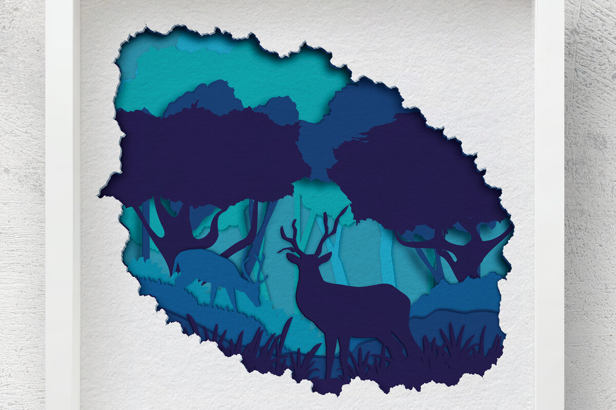 Σετ των 2 Intra απο ξύλο plywood  Χρώμα wenge 3mm-4mm πάχος - Deer Forest Shadow Box , 3D Papercut Δίασταση 10x10 cm INTRAFABR-119192225