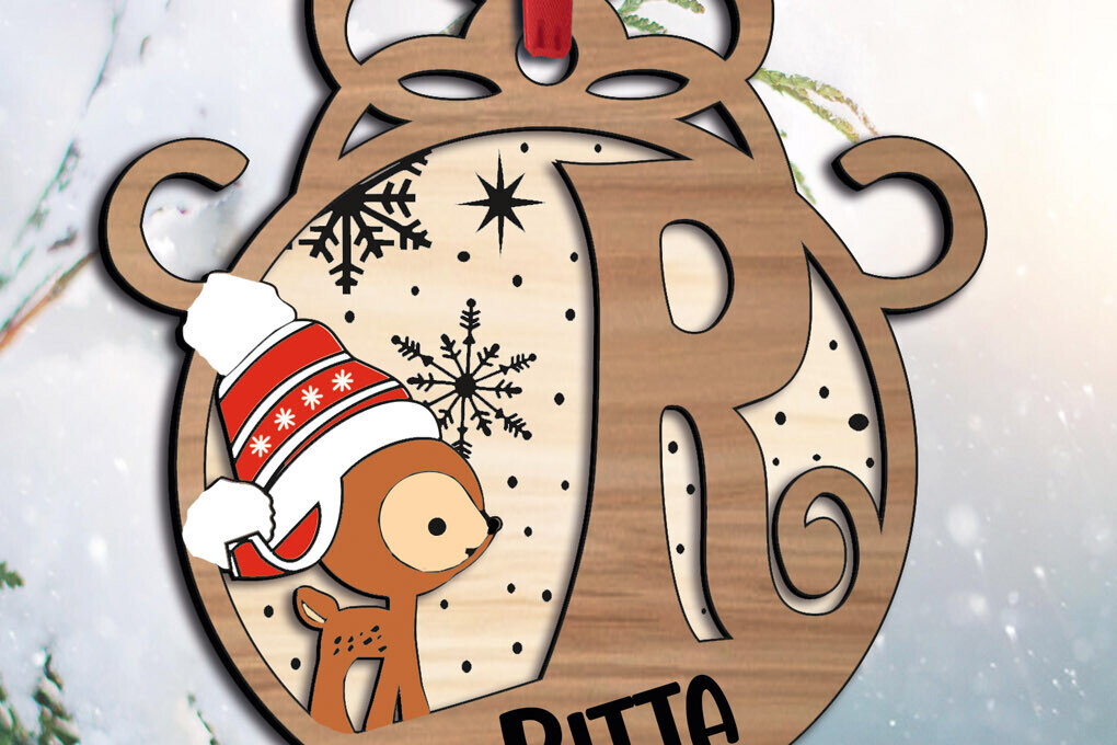 Σετ των 2 Intra απο ξύλο plywood  Χρώμα wenge 3mm-4mm πάχος - Ελάφια γιορτινό γράμμα R Χριστουγεννιάτικο στολίδι Δίασταση 6x6 cm INTRAFABR-86382401