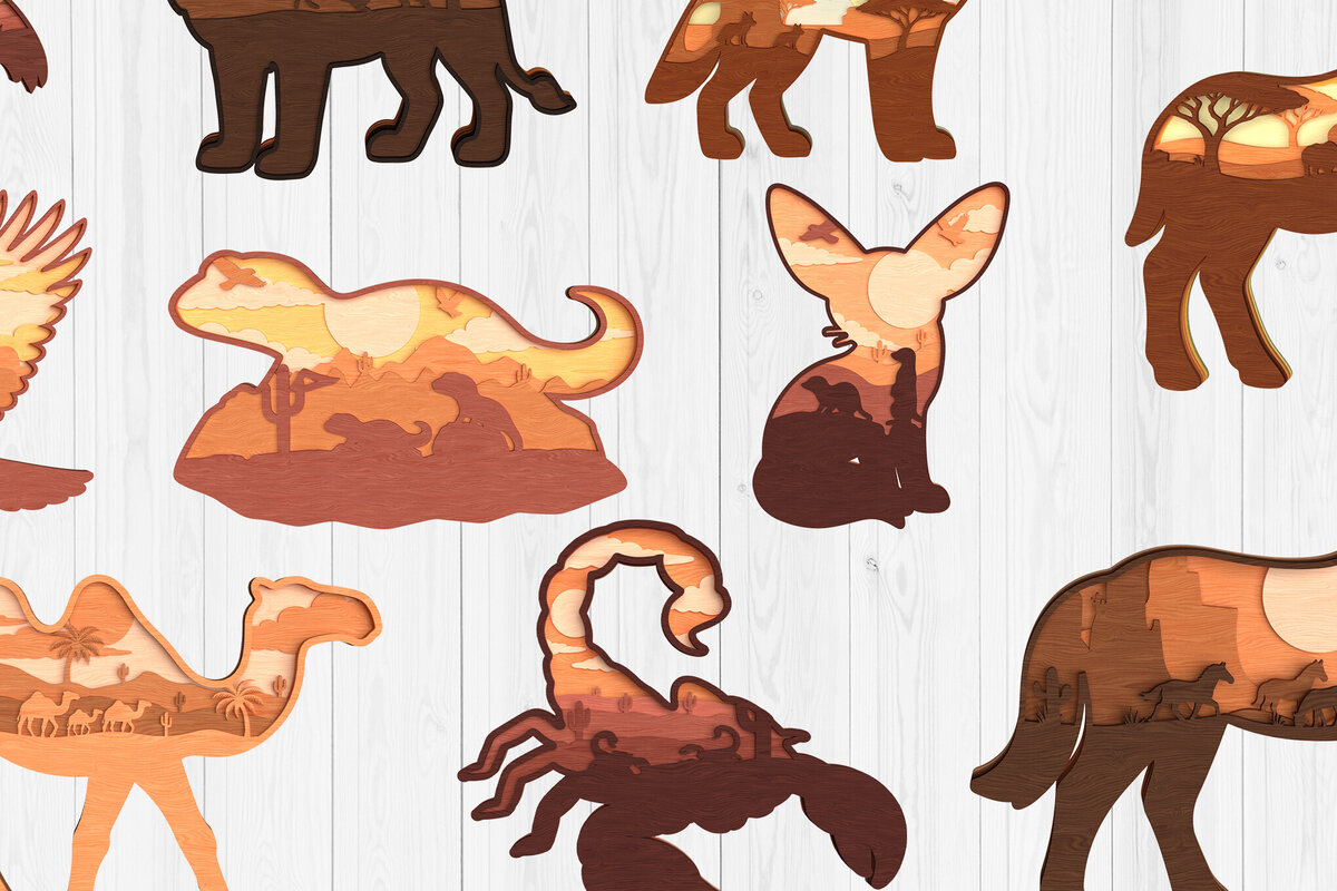 Intra απο ξύλο plywood  Χρώμα wenge 3mm-4mm πάχος - Πακέτο με στρώματα άγριας ζωής στην έρημο Δίασταση 30x20 cm INTRAFABR-120840724