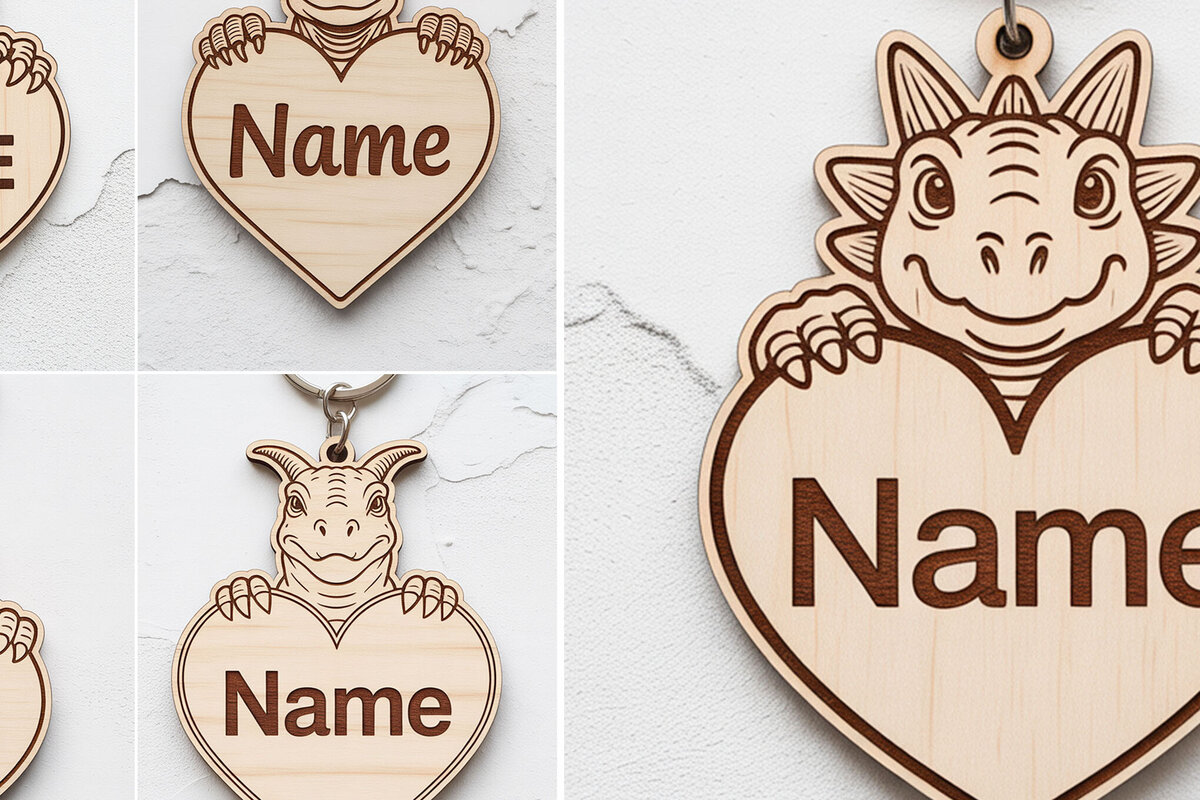 Σετ των 2 Intra απο ξύλο plywood  Χρώμα wenge 3mm-4mm πάχος - Πακέτο μπρελόκ με όνομα Dino Heart Δίασταση 4x4 cm INTRAFABR-85704201