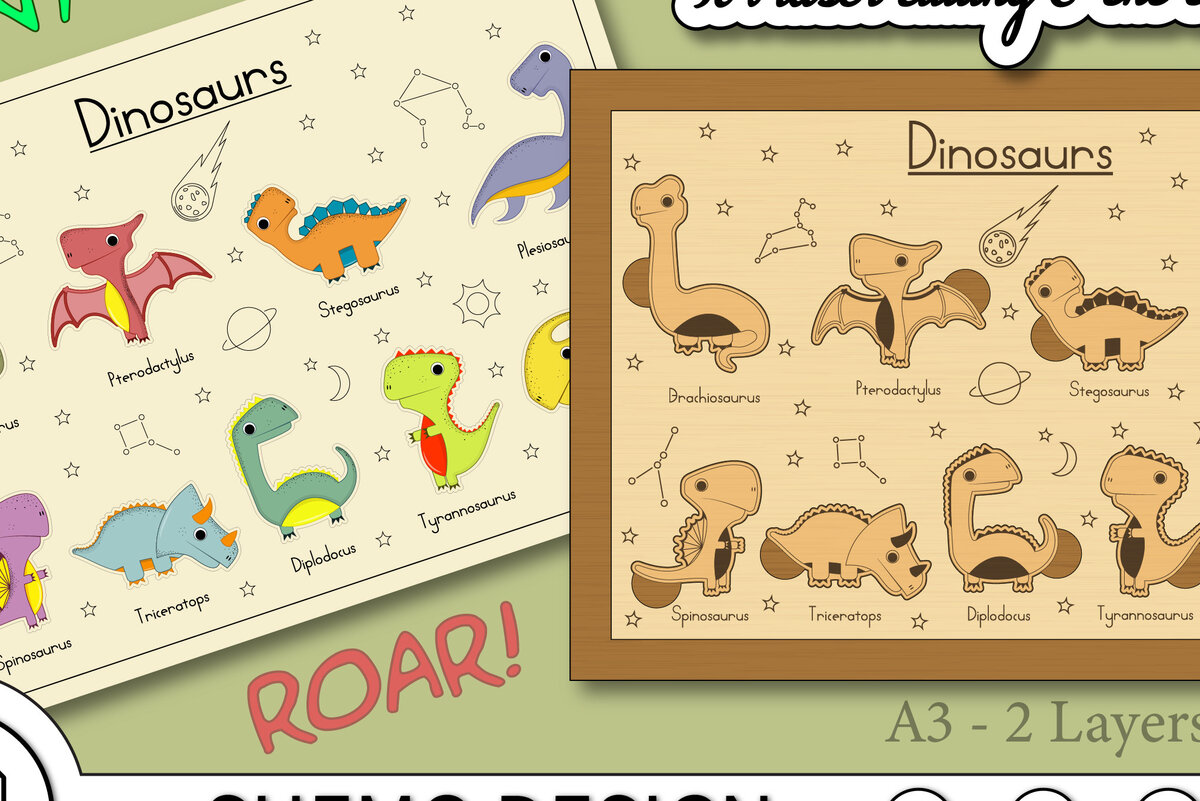 Intra απο ξύλο plywood  Χρώμα wenge 3mm-4mm πάχος - Εκπαιδευτικός πίνακας παζλ Δεινοσαύρων Δίασταση 40x50 cm INTRAFABR-77680221