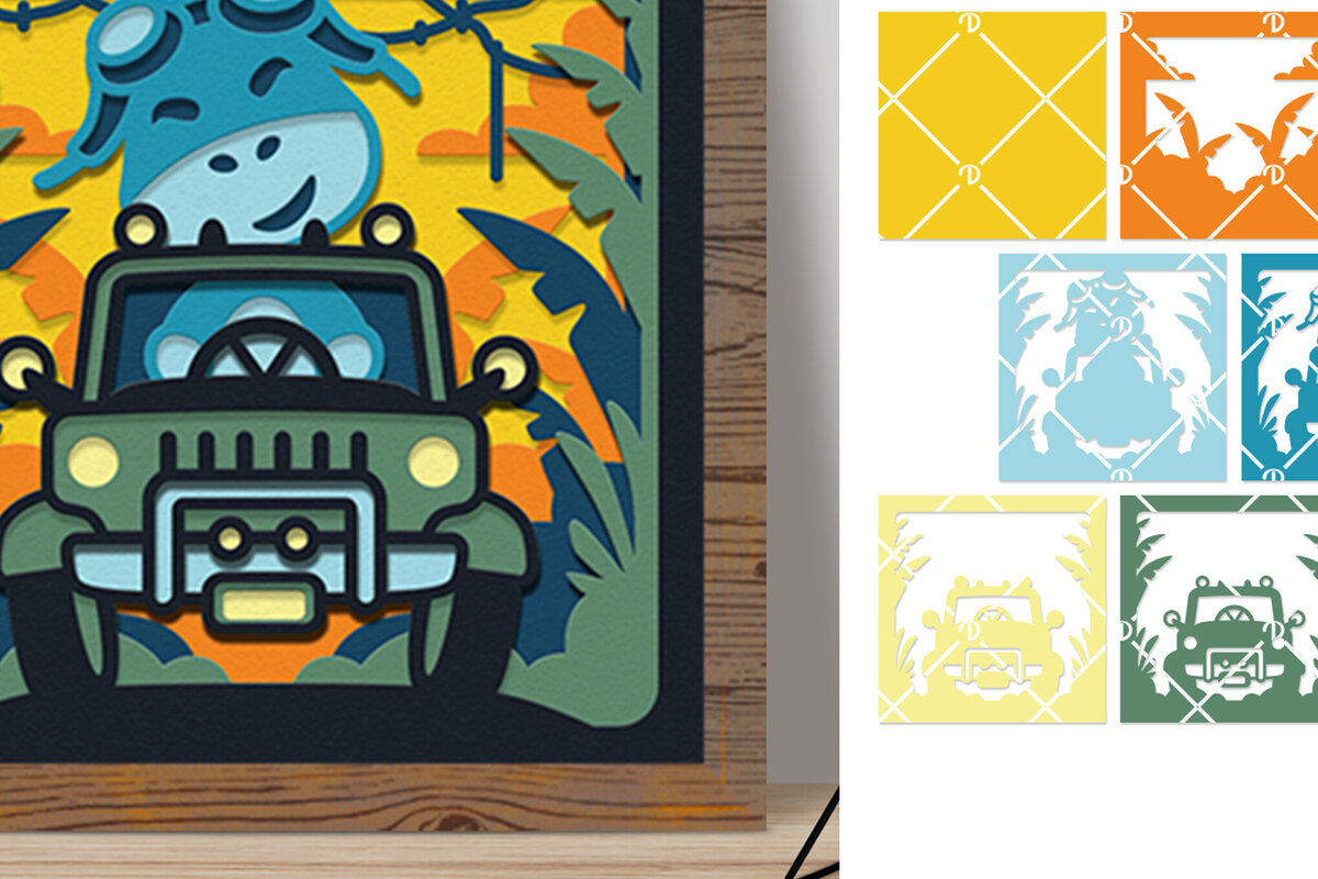 Intra απο ξύλο plywood  Χρώμα wenge 3mm-4mm πάχος - Οι δεινόσαυροι οδηγούν ένα αυτοκίνητο 3D Shadow Box Δίασταση 714x714 cm INTRAFABR-32953763