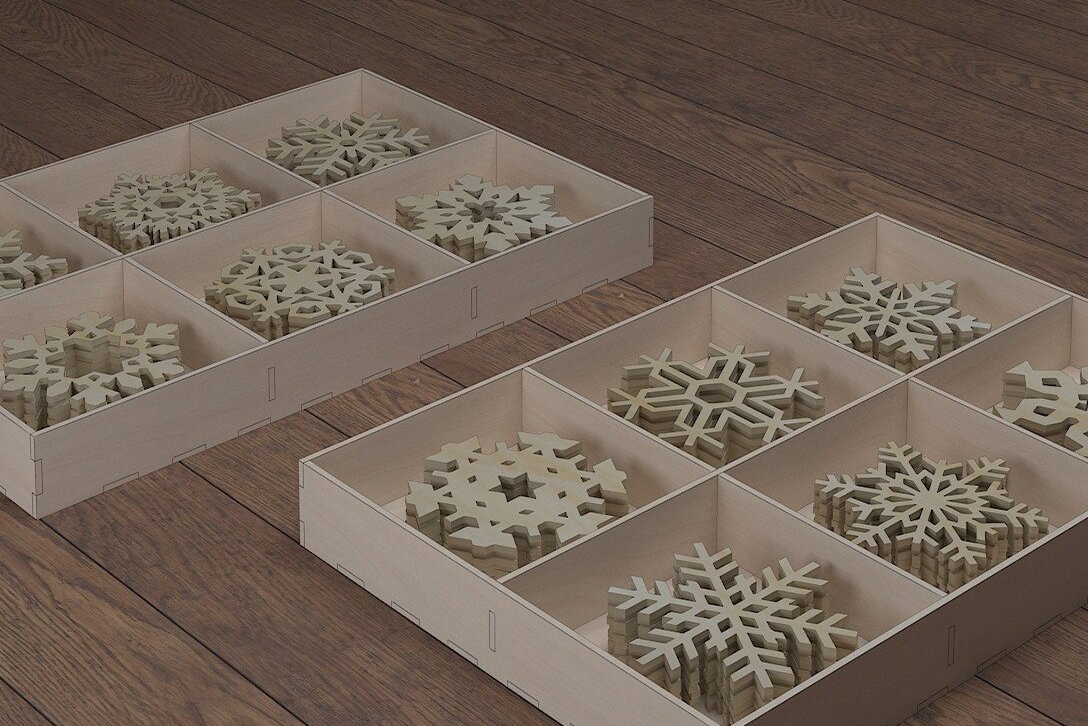 Intra απο ξύλο plywood  Χρώμα wenge 3mm-4mm πάχος - Χωρισμένο κουτί δώρου και σουβέρ με νιφάδες χιονιού Δίασταση 30x20 cm INTRAFABR-113331021