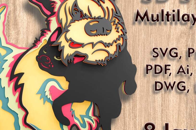 Σετ των 2 Intra απο ξύλο plywood  Χρώμα wenge 3mm-4mm πάχος - λέιζερ πολλαπλών επιπέδων 3D Dog and Cat Δίασταση 8x9 cm INTRAFABR-90436016