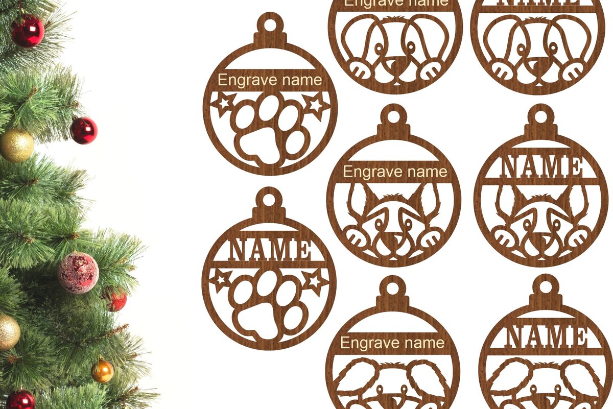 Σετ των 2 Intra απο ξύλο plywood  Χρώμα wenge 3mm-4mm πάχος - Χριστουγεννιάτικα στολίδια σκύλου, 4 χαριτωμένα σχέδια Δίασταση 6x6 cm INTRAFABR-74269754