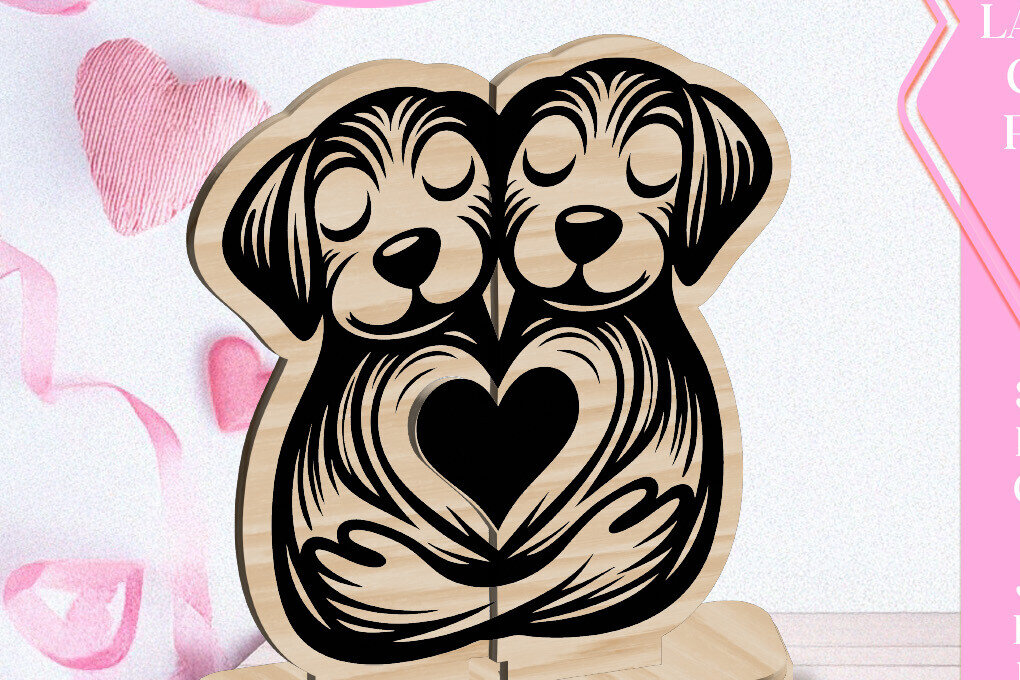 Σετ των 2 Intra απο ξύλο plywood  Χρώμα wenge 3mm-4mm πάχος - Dogs Love Στολίδι Αγίου Βαλεντίνου Κόψιμο με λέιζερ Δίασταση 6x6 cm INTRAFABR-90816664