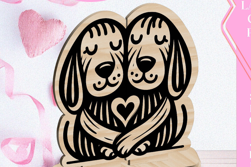 Σετ των 2 Intra απο ξύλο plywood  Χρώμα wenge 3mm-4mm πάχος - Dogs Love Στολίδι Αγίου Βαλεντίνου Κόψιμο με λέιζερ Δίασταση 6x6 cm INTRAFABR-118470099
