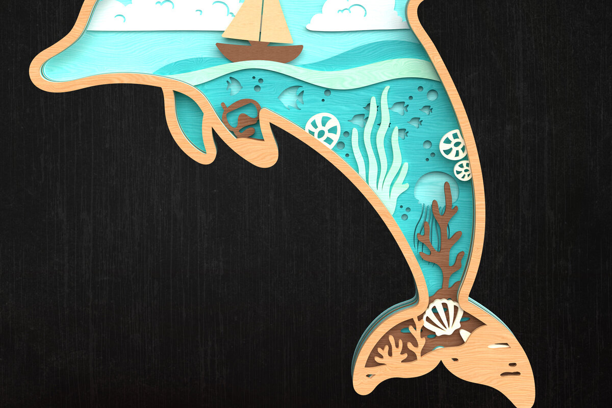 Intra απο ξύλο plywood  Χρώμα wenge 3mm-4mm πάχος - Dolphin Ocean Scene 3D Δίασταση 30x20 cm INTRAFABR-124432984