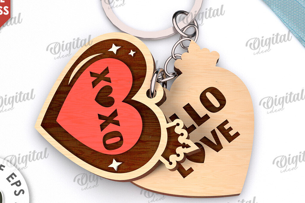 Σετ των 2 Intra απο ξύλο plywood  Χρώμα wenge 3mm-4mm πάχος - Κόψιμο με λέιζερ διπλό μπρελόκ Αγίου Βαλεντίνου Δίασταση 4x4 cm INTRAFABR-78023502