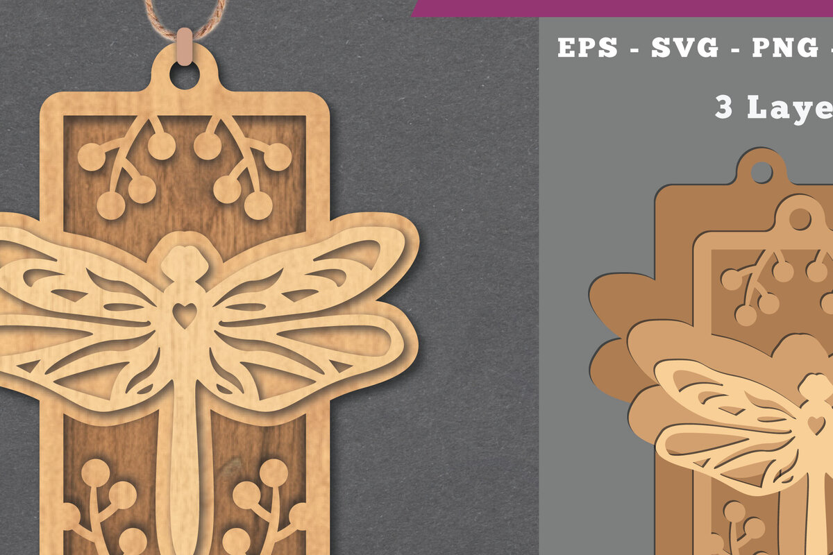 Σετ των 2 Intra απο ξύλο plywood  Χρώμα wenge 3mm-4mm πάχος - Στολίδι κοπής με λέιζερ Dragonfly 3 Δίασταση 6x6 cm INTRAFABR-111113026