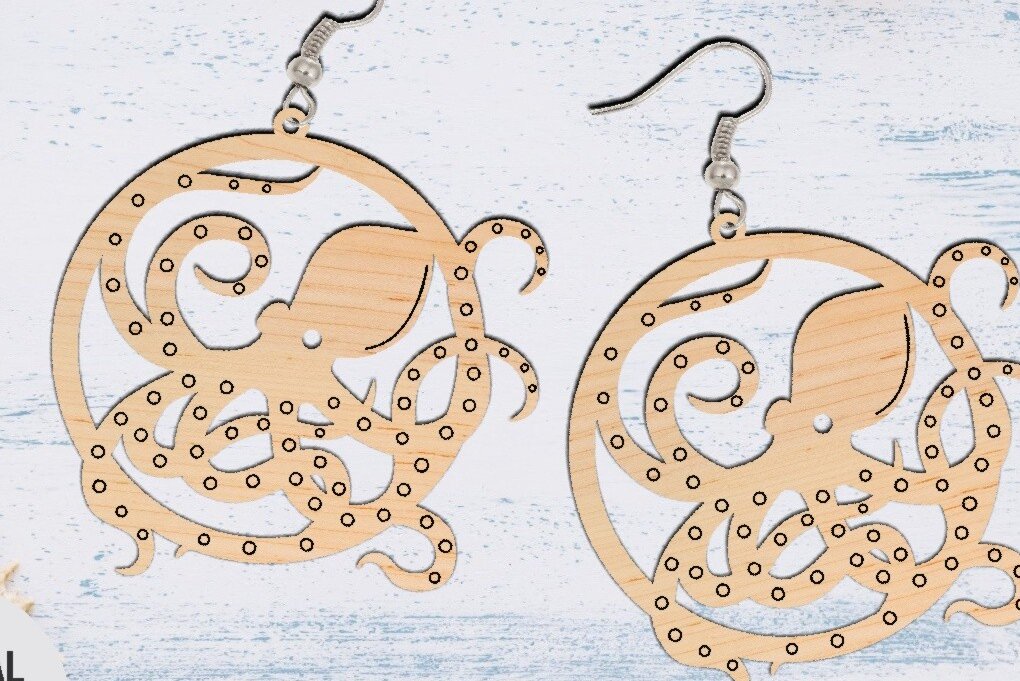 Σετ των 3 Intra απο ξύλο plywood  Χρώμα wenge 3mm-4mm πάχος - Σκουλαρίκι κομμένο με λέιζερ, σκουλαρίκι χταπόδι Δίασταση 3x3 cm INTRAFABR-110654955