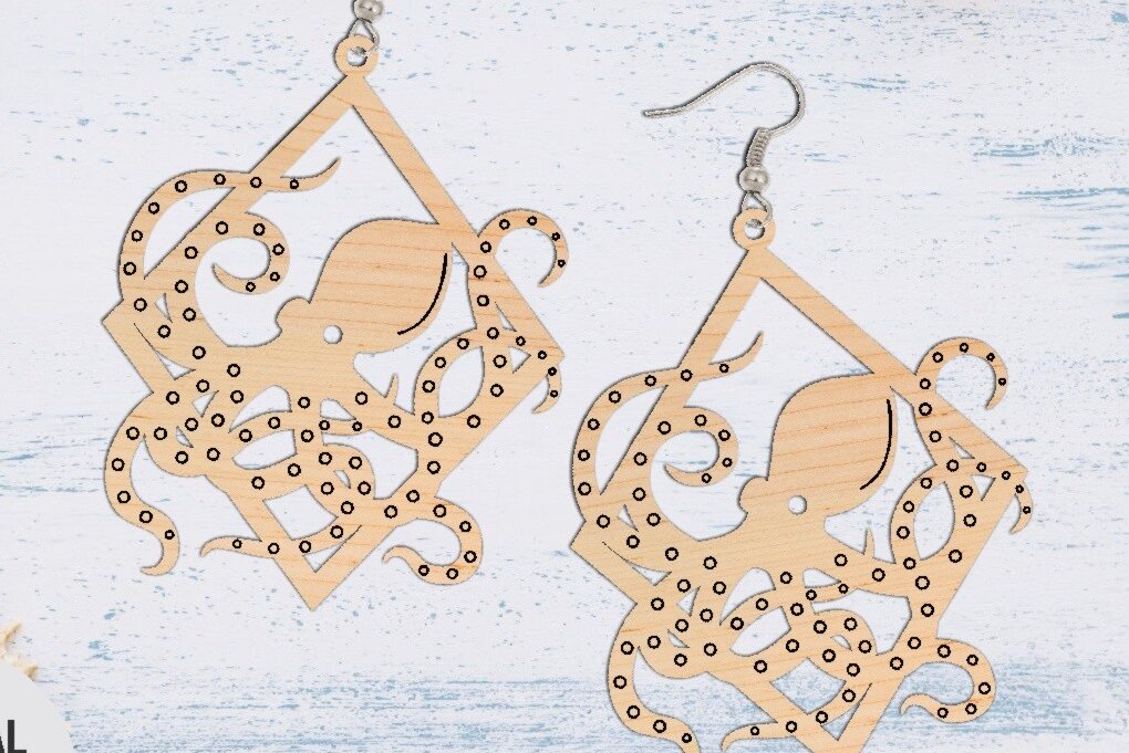 Σετ των 3 Intra απο ξύλο plywood  Χρώμα wenge 3mm-4mm πάχος - Σκουλαρίκι κομμένο με λέιζερ, σκουλαρίκι χταπόδι Δίασταση 3x3 cm INTRAFABR-110654961