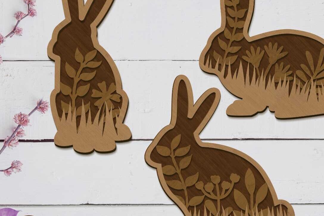 Σετ των 2 Intra απο ξύλο plywood  Χρώμα wenge 3mm-4mm πάχος - Πασχαλινό λαγουδάκι δέσμη, διακοσμητικό πρότυπο Δίασταση 10x6 cm INTRAFABR-54251018