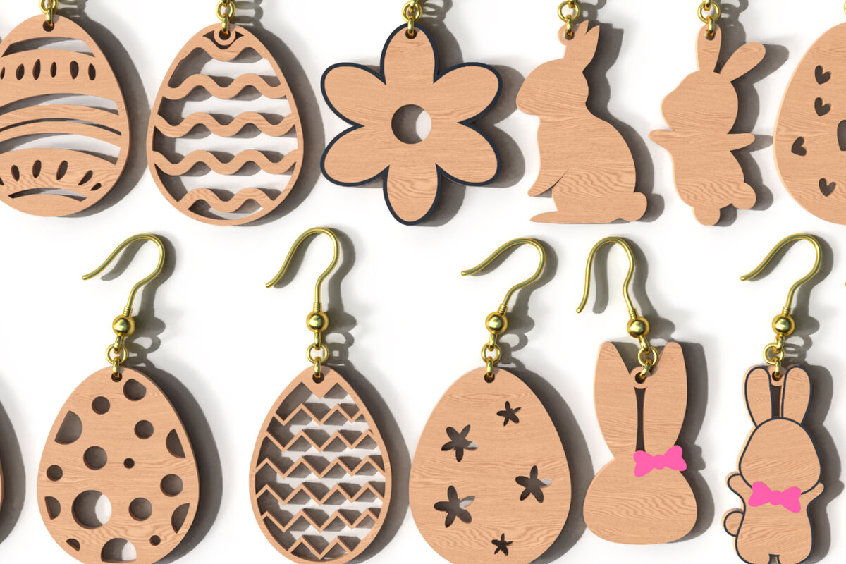 Σετ των 3 Intra απο ξύλο plywood  Χρώμα wenge 3mm-4mm πάχος - Σκουλαρίκια κομμένα με λέιζερ Easter Bunny &amp; Egg Δίασταση 2x2 cm INTRAFABR-95640624
