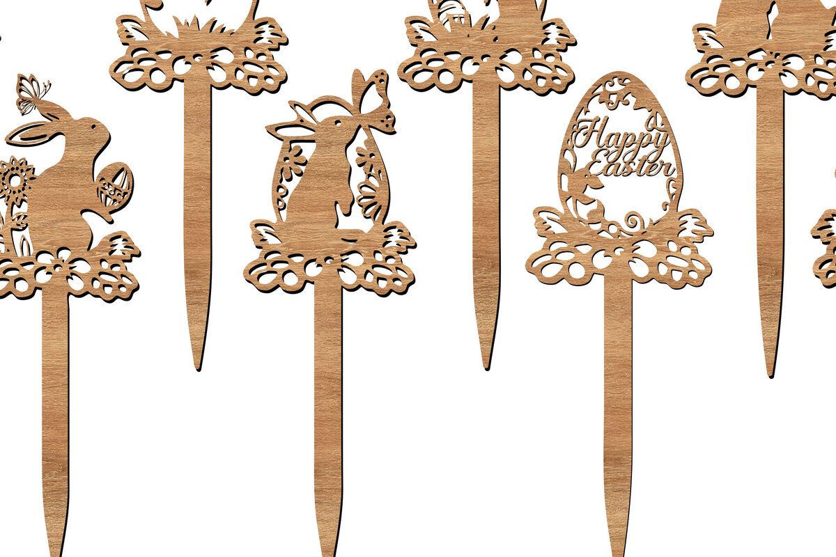 Σετ των 2 Intra απο ξύλο plywood  Χρώμα wenge 3mm-4mm πάχος - Πασχαλινό λαγουδάκι &amp; αυγά Toppers Κοψίματα με λέιζερ Δίασταση 6x6 cm INTRAFABR-95638087