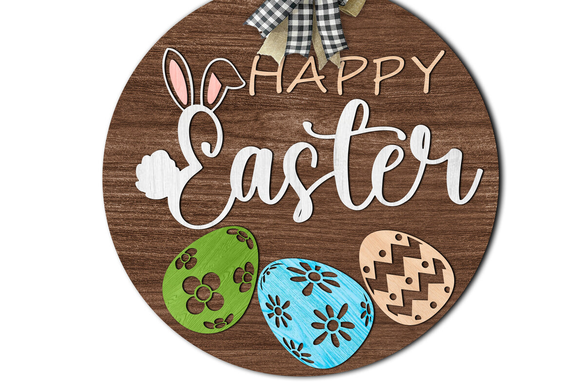 Σετ των 2 Intra απο ξύλο plywood  Χρώμα wenge 3mm-4mm πάχος - Πασχαλινό λαγουδάκι &amp; αυγά Στρογγυλή πινακίδα Δίασταση 20x20 cm INTRAFABR-86177786