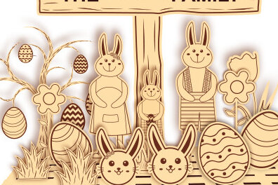 Σετ των 2 Intra απο ξύλο plywood  Χρώμα wenge 3mm-4mm πάχος - με λέιζερ Family Bunny του Πάσχα Δίασταση 15x15 cm INTRAFABR-69713018