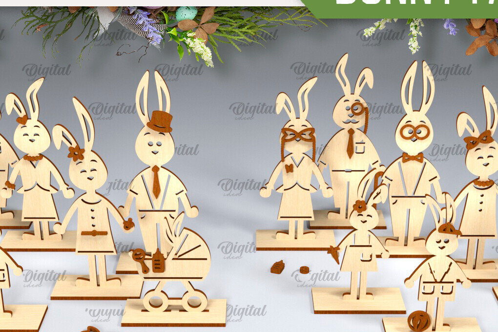 Σετ των 2 Intra απο ξύλο plywood  Χρώμα wenge 3mm-4mm πάχος - Family Bunny του Πάσχα Δίασταση 15x15 cm INTRAFABR-46479001