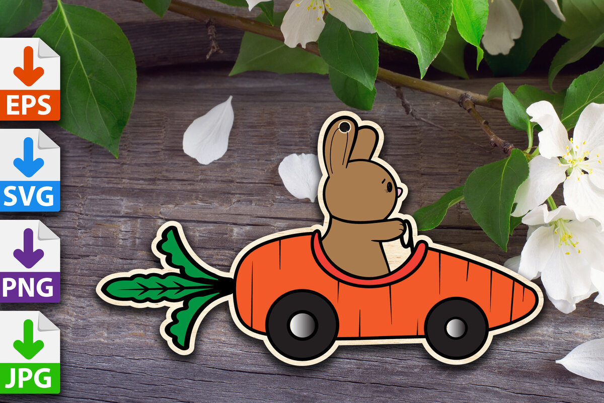 Σετ των 2 Intra απο ξύλο plywood  Χρώμα wenge 3mm-4mm πάχος - Πασχαλινό λαγουδάκι σε καρότο αυτοκίνητο Δίασταση 15x15 cm INTRAFABR-70105036