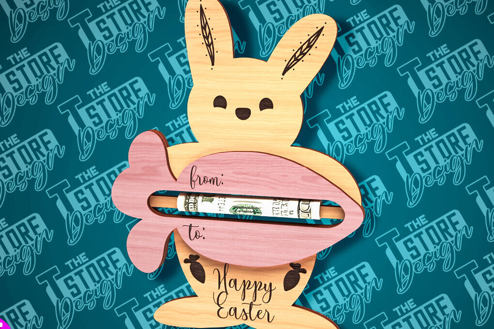 Σετ των 2 Intra απο ξύλο plywood  Χρώμα wenge 3mm-4mm πάχος - Easter Bunny Money Holder |CNC Δίασταση 15x15 cm INTRAFABR-37553635