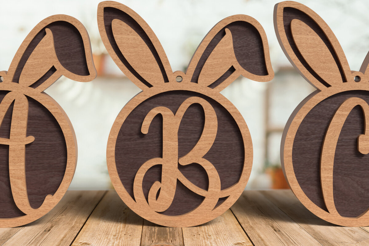 Σετ των 2 Intra απο ξύλο plywood  Χρώμα wenge 3mm-4mm πάχος - Σετ αλφάβητου μονόγραμμα Πασχαλινό λαγουδάκι Δίασταση 6x6 cm INTRAFABR-37553540