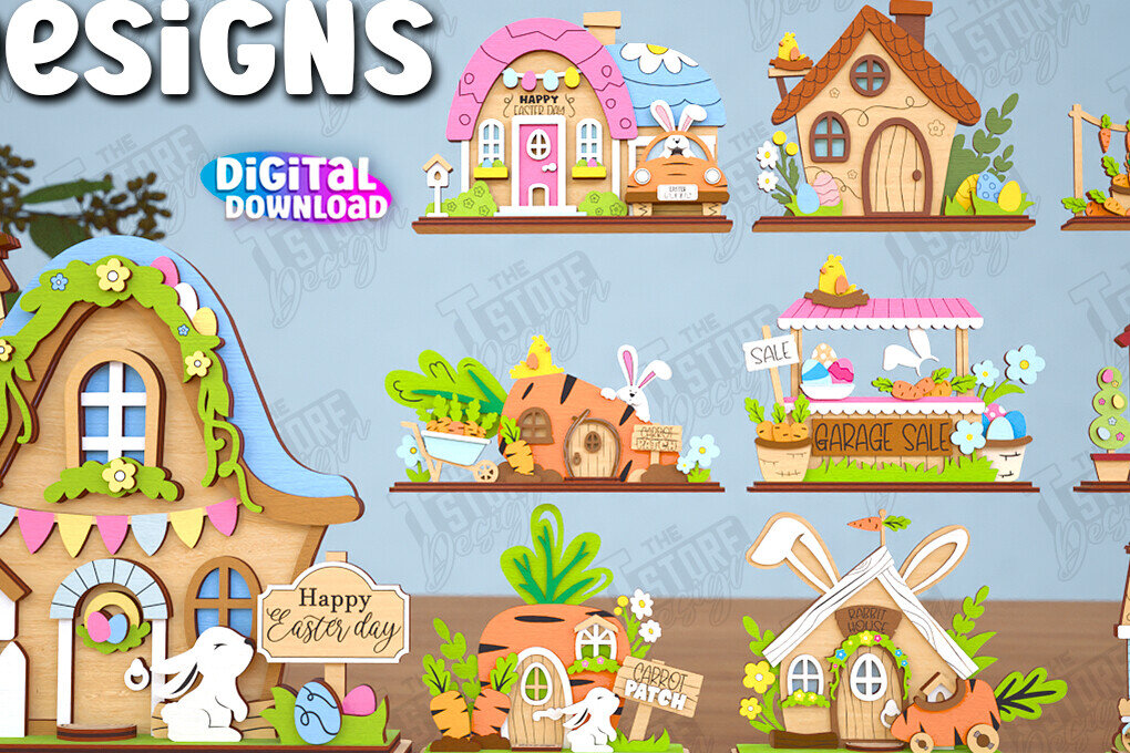 Σετ των 2 Intra απο ξύλο plywood  Χρώμα wenge 3mm-4mm πάχος - Πασχαλινό λαγουδάκι Standing Houses Bundle |CNC Δίασταση 15x15 cm INTRAFABR-121509599