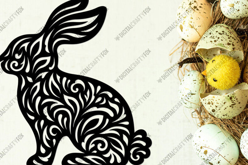 Σετ των 2 Intra απο ξύλο plywood  Χρώμα wenge 3mm-4mm πάχος - Easter Bunny , Floral Bunny Paper Cut Δίασταση 6x6 cm INTRAFABR-121509834