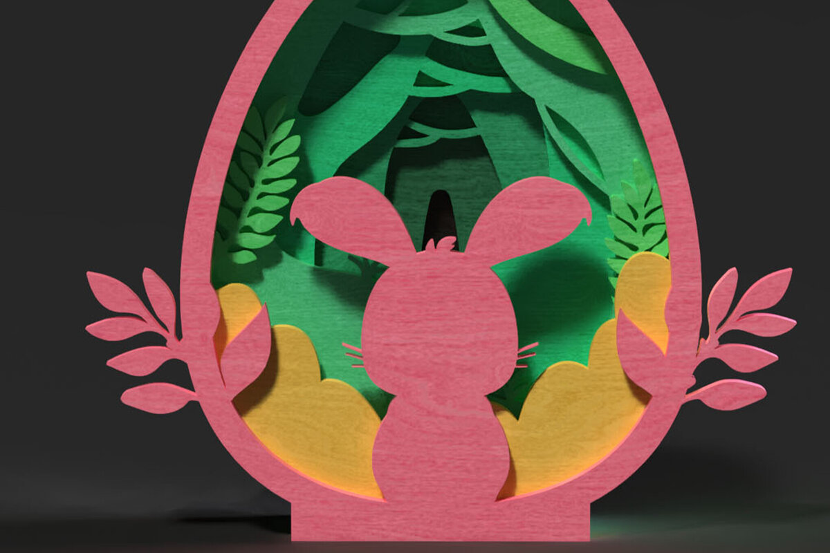 Σετ των 2 Intra απο ξύλο plywood  Χρώμα wenge 3mm-4mm πάχος - Πασχαλινό αυγό 3D , Bunny Forest Δίασταση 4x4 cm INTRAFABR-108322793