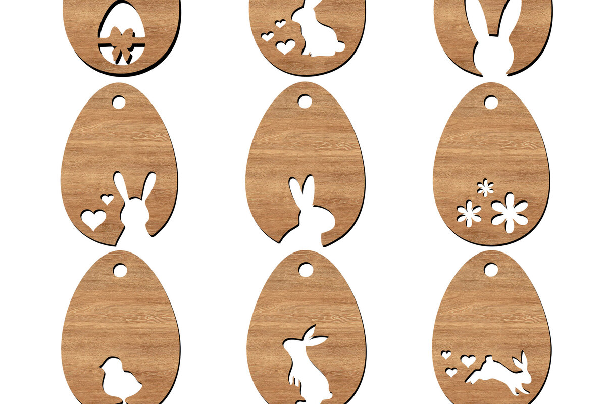 Σετ των 2 Intra απο ξύλο plywood  Χρώμα wenge 3mm-4mm πάχος - Πασχαλινά μενταγιόν σε σχήμα αυγού Κοψίματα λέιζερ Δίασταση 4x4 cm INTRAFABR-100052005