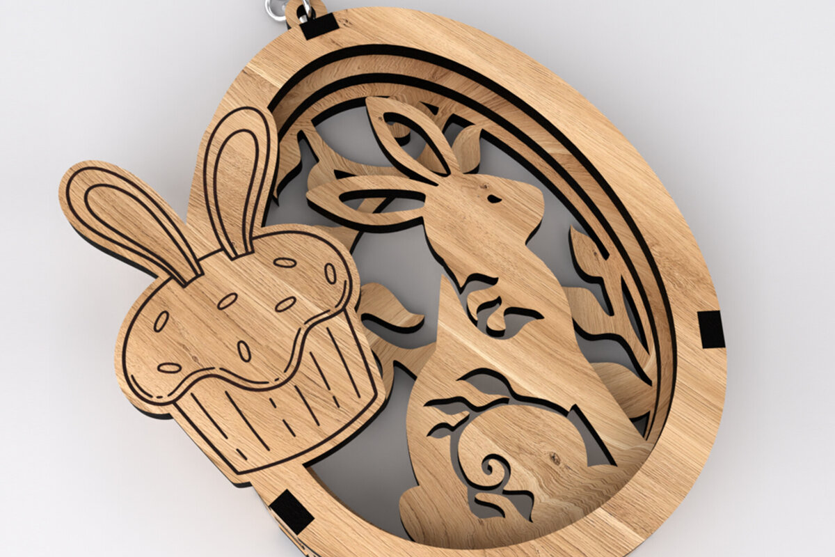 Σετ των 2 Intra απο ξύλο plywood  Χρώμα wenge 3mm-4mm πάχος - Πασχαλινό μπρελόκ κουνέλι με cupcake Δίασταση 5x3 cm INTRAFABR-97978346