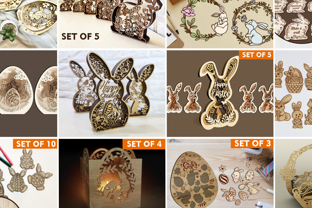 Σετ των 2 Intra απο ξύλο plywood  Χρώμα wenge 3mm-4mm πάχος - Πασχαλινό MEGA PACK Σχέδια κοπής με λέιζερ Δίασταση 6x6 cm INTRAFABR-76231991