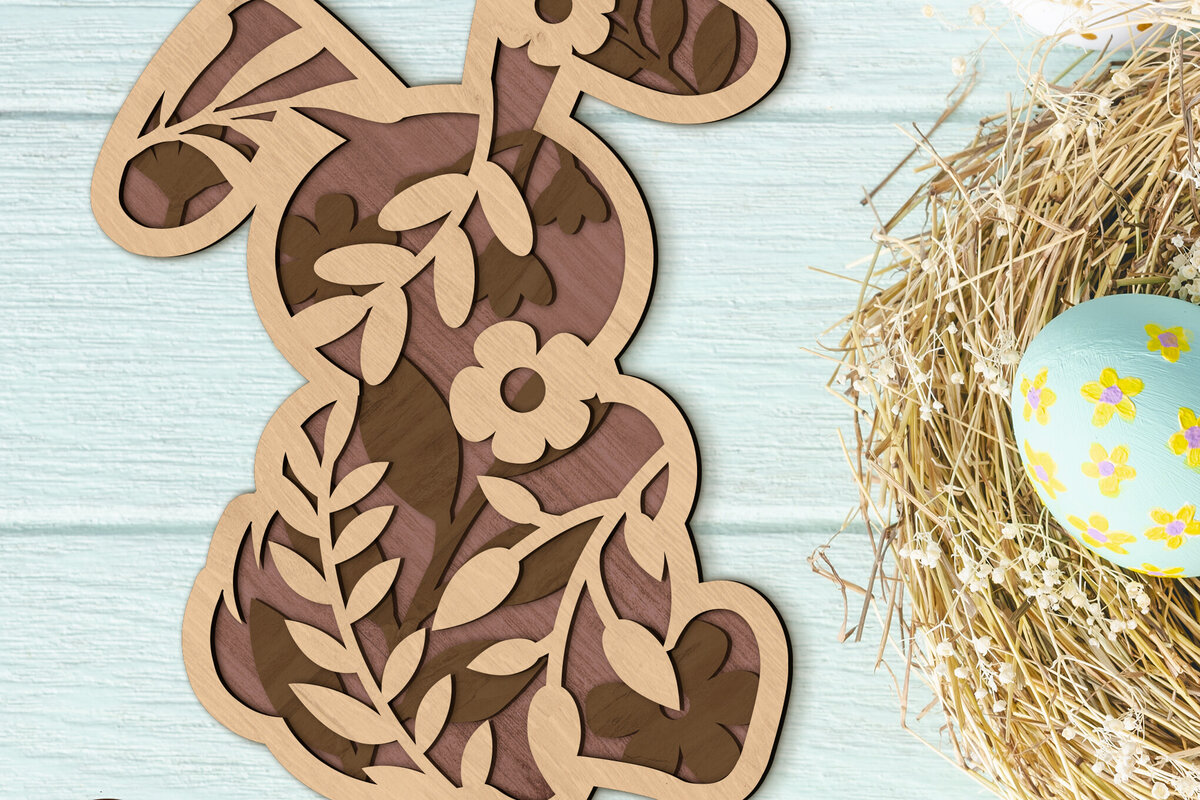 Σετ των 2 Intra απο ξύλο plywood  Χρώμα wenge 3mm-4mm πάχος - Πρότυπο Πασχαλινό κουνέλι, κομμένο σε στρώσεις Δίασταση 10x6 cm INTRAFABR-78724453