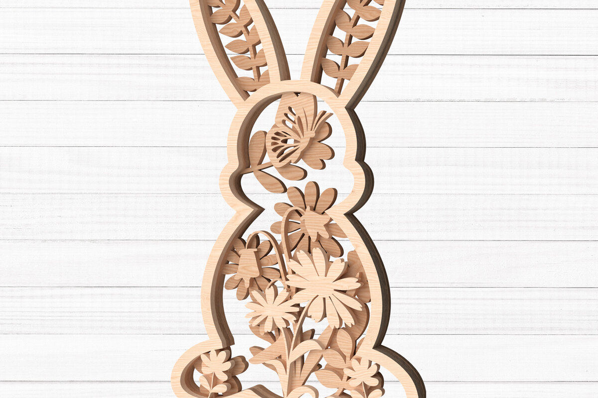 Intra απο ξύλο plywood  Χρώμα wenge 3mm-4mm πάχος - Πασχαλινό λουλουδάτο λαγουδάκι κοπής με λέιζερ Δίασταση 30x20 cm INTRAFABR-100241925