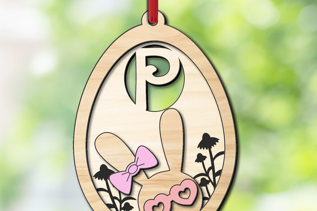 Σετ των 2 Intra απο ξύλο plywood  Χρώμα wenge 3mm-4mm πάχος - Πασχαλινό Δώρο Laser Letter P Bunny Egg Δίασταση 6x6 cm INTRAFABR-104291973