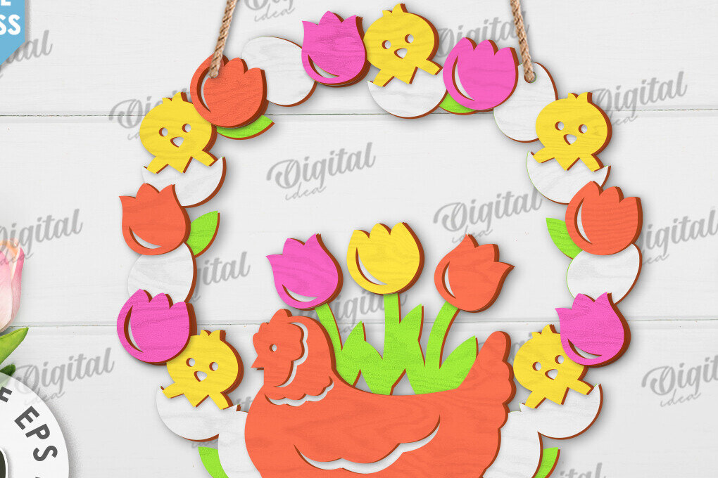 Σετ των 2 Intra απο ξύλο plywood  Χρώμα wenge 3mm-4mm πάχος - Πασχαλινό στεφάνι LaserCut. Ανοιξιάτικο ντεκόρ Δίασταση 15x15 cm INTRAFABR-85462329