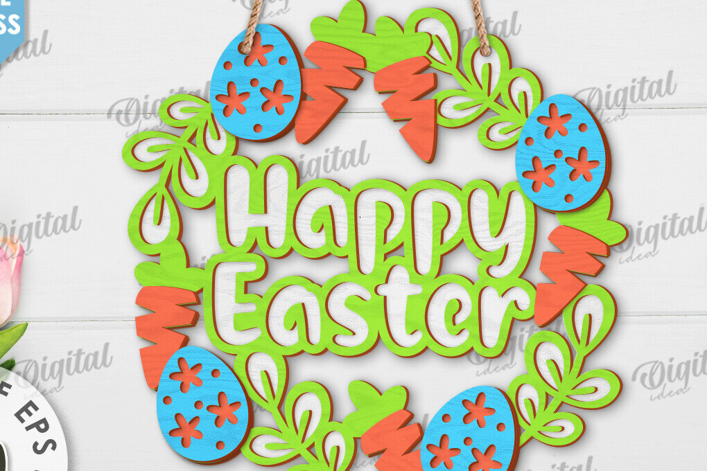 Σετ των 2 Intra απο ξύλο plywood  Χρώμα wenge 3mm-4mm πάχος - Πασχαλινό στεφάνι LaserCut. Ανοιξιάτικο ντεκόρ Δίασταση 15x15 cm INTRAFABR-78460276