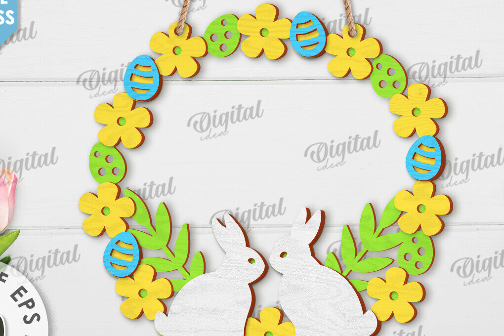 Σετ των 2 Intra απο ξύλο plywood  Χρώμα wenge 3mm-4mm πάχος - Πασχαλινό στεφάνι LaserCut. Ανοιξιάτικο ντεκόρ Δίασταση 15x15 cm INTRAFABR-83795274