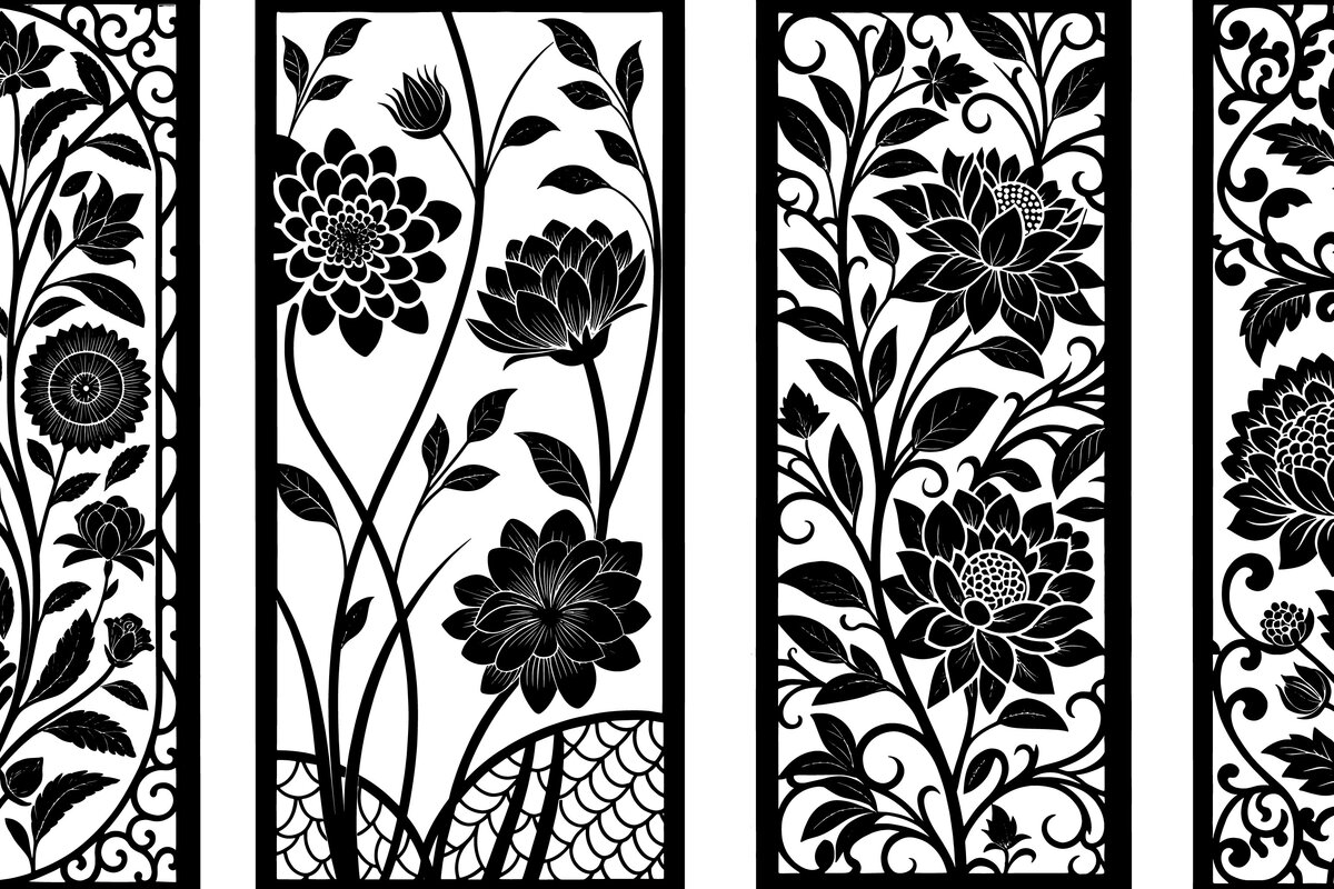 Σετ των 2 Intra απο ξύλο plywood  Χρώμα wenge 3mm-4mm πάχος - Elegant-Laser-Cut-Floral-Panel-Set Vector Δίασταση 20x20 cm INTRAFABR-109410491