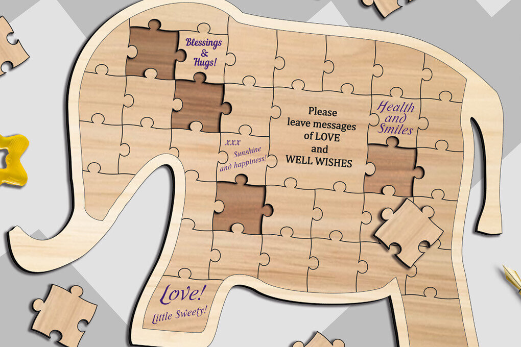 Σετ των 2 Intra απο ξύλο plywood  Χρώμα wenge 3mm-4mm πάχος - Βιβλίο επισκεπτών για το Elephant Baby Shower Puzzle Δίασταση 20x20 cm INTRAFABR-123260670